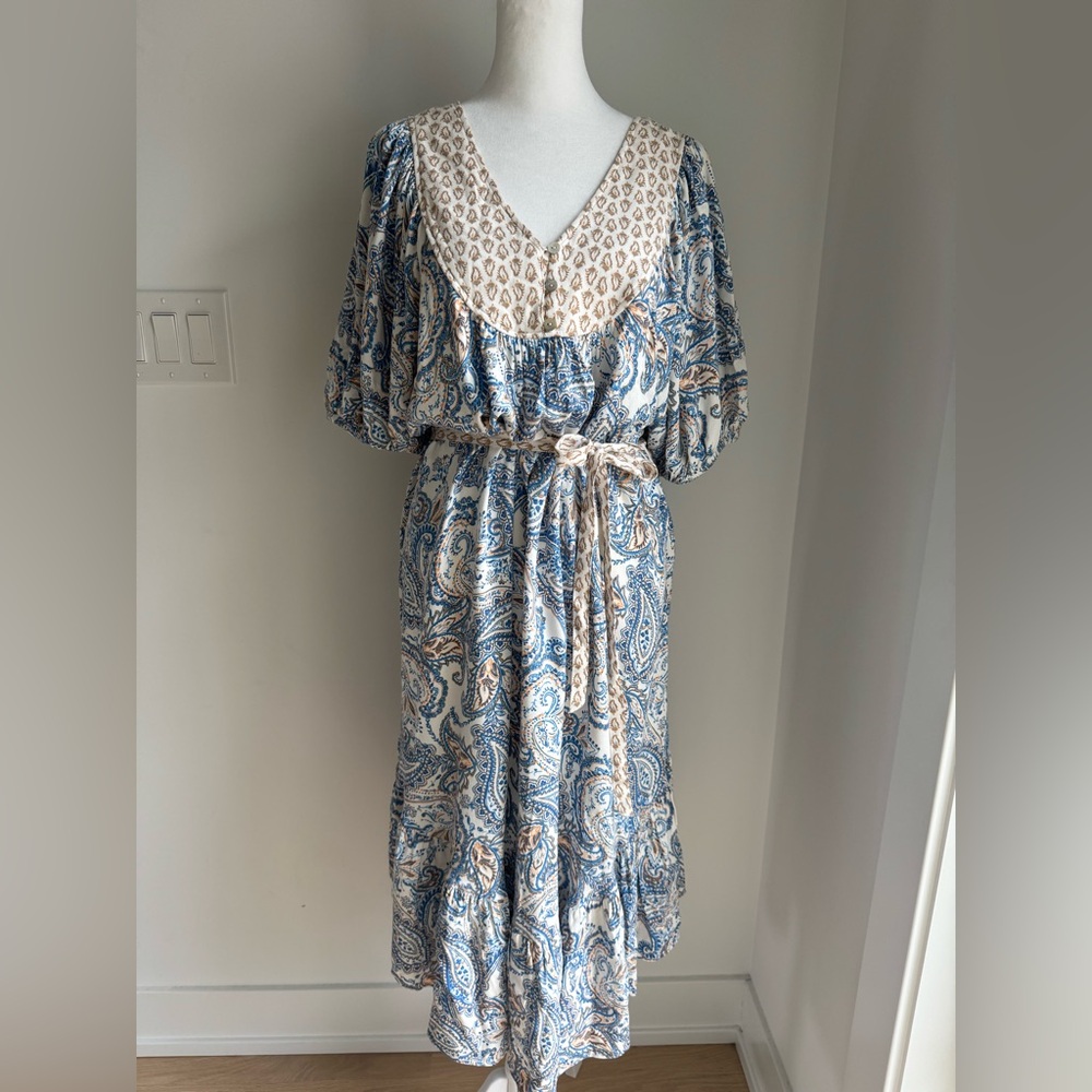 Lucky Brand Blue Paisley Print Tie Waist Puff Sleeve‎ Peasant Dress Size M